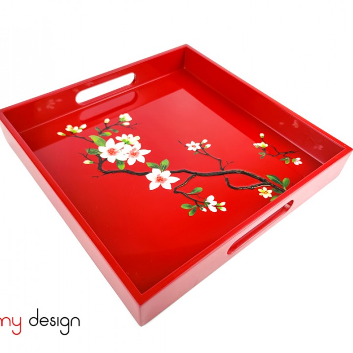 Red square lacquer tray hand-painted with plum blossom 27 cm